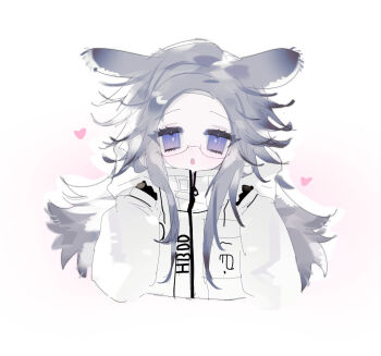 1girl animal_ears aotsuki_eito black_gloves blue_eyes blush commentary cropped_torso eyelashes eyes_visible_through_hair genderswap genderswap_(mtf) glasses gloves goupaifentiao grey_hair hands_up heart high_collar highres hood hood_down hooded_jacket jacket kemonomimi_mode long_hair looking_at_viewer open_mouth pocket rabbit_ears semi-rimless_eyewear sidelocks sleeves_past_wrists solo tareme the_hundred_line_-last_defense_academy- white_jacket zipper_pull_tab