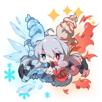 Rule 34 | 1girl, black bow, black thighhighs, blue eyes, blue hair, blush, bow, bow panties, chibi, claws, commentary request, dragon girl, dragon tail, eruzerion, fang, female focus, fire, fur-trimmed jacket, fur-trimmed sleeves, fur trim, gradient hair, grey hair, grey jacket, hair between eyes, hair bow, heterochromia, ice, jacket, long sleeves, looking at viewer, milkpanda, monster hunter (series), monster hunter frontier, multicolored hair, navel, no shoes, open clothes, open jacket, open mouth, panties, personification, red eyes, red hair, sleeves past wrists, solo, sparkle, tail, thighhighs, underwear, white panties