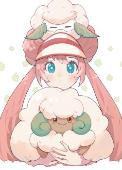 1girl aqua_eyes blush bright_pupils brown_hair closed_mouth commentary_request cottonee double_bun evolutionary_line eyelashes gen_5_pokemon hair_bun harumomo_(@harumomo123456) highres holding holding_pokemon long_hair nintendo on_head pokemon pokemon_(creature) pokemon_bw2 pokemon_on_head rosa_(pokemon) twintails visor_cap whimsicott white_background