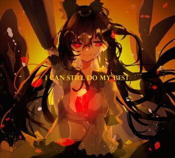 1girl arm_cannon black_hair black_skirt black_wings bow breasts closed_mouth collared_shirt commentary_request control_rod_(touhou) embers english_text feathered_wings frilled_shirt_collar frills green_bow grey_shirt hair_between_eyes hair_bow long_hair medium_breasts navel one-hour_drawing_challenge open_clothes open_shirt orange_background puffy_short_sleeves puffy_sleeves red_eyes reiuji_utsuho shinjitsu_no_kuchi shirt short_sleeves skirt smile solo third_eye touhou upper_body very_long_hair weapon wings