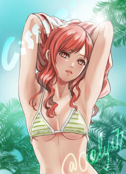 1girl aelys77 alternate_costume armpits arms_behind_head arms_up bare_arms bikini breasts character_name cissnei cleavage commentary_request crisis_core:_final_fantasy_vii duplicate final_fantasy final_fantasy_vii final_fantasy_vii_rebirth final_fantasy_vii_remake hands_in_own_hair highres light_blush long_hair looking_at_viewer medium_breasts outdoors palm_tree parted_lips pixel-perfect_duplicate presenting_armpit red_eyes red_hair sideboob solo striped_bikini striped_clothes sunlight swept_bangs swimsuit tree twitter_username underboob upper_body wavy_hair yellow_bikini