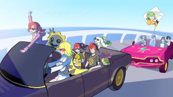 3boys 6+girls aiba_ami aiba_takumi alphamon anniversary barobakuoikawa black_car black_hair black_scarf black_shirt blue_sky breasts car cleavage closed_eyes commentary_request digimon digimon_story:_cyber_sleuth double_bun driving english_text fei_wong_tomoe_ignacio fur_trim goggles goggles_on_head green_hair hagurumon hair_bun high_side_ponytail highres hood hood_up hooded_jacket jacket jewelry kamishiro_yuugo kamishiro_yuuko kishibe_rie kuremi_kyouko large_breasts long_hair lordknightmon machine motor_vehicle multiple_boys multiple_girls necklace objectification ocean oikawa_kurobaba palmon phone pink_car pink_jacket red_hair sanada_arata scarf shiramine_nokia shirt short_hair short_twintails sky small_breasts sunglasses terriermon translation_request twintails white_shirt
