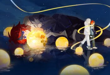 Rule 34 | 2boys, ahoge, aotsuki eito, asako (pixiv 5702576), black hair, black pants, black shoes, blue eyes, blue jacket, closed eyes, closed mouth, commentary, drawstring, grey jacket, hair between eyes, hands in pockets, highres, hood, hood down, hooded jacket, hoodie, jacket, jacket over hoodie, long sleeves, male focus, multicolored hair, multicolored jacket, multiple boys, multiple views, night, no eyewear, open clothes, open jacket, open mouth, orb, outdoors, pants, red hair, ribbon, shoes, short hair, smile, star (sky), streaked hair, sumino takumi, the hundred line -last defense academy-, thigh strap, two-tone hair, two-tone jacket, walking, walking on liquid, water, white hair, white hoodie, white jacket, white pants, white shoes, yellow ribbon