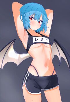 1girl absurdres alternate_costume armpits arms_up black_shorts blue_hair blush breasts closed_mouth commentary english_commentary grey_background highres looking_at_viewer missing_headwear red_eyes remilia_scarlet shorts small_breasts solo stomach tank_top touhou underboob zivmf
