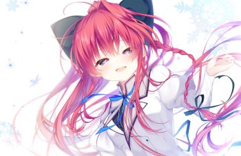 Rule 34 | 1girl, :d, black bow, black ribbon, blue ribbon, blurry, blush, bow, braid, commentary request, depth of field, dress, eyes visible through hair, fang, fingernails, floating hair, fuwa mochiri, hair between eyes, hair bow, hair ribbon, hand up, highres, inui sana, juliet sleeves, long hair, long sleeves, looking at viewer, mashiroiro symphony, neck ribbon, open mouth, ponytail, puffy sleeves, purple eyes, red hair, ribbon, school uniform, shirt, sidelocks, simple background, single braid, single hair intake, smile, snowflakes, snowing, solo, teeth, upper body, very long hair, white background, white dress, white shirt