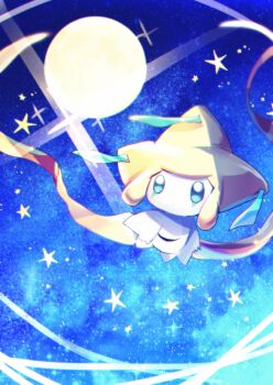 Rule 34 | 1other, :o, arms at sides, blue background, blue eyes, blue sky, chisen maimai, chromatic aberration, colored skin, expressionless, floating, full body, full moon, gen 3 pokemon, glint, jirachi, legendary pokemon, moon, mythical pokemon, night, nintendo, open mouth, other focus, outdoors, pokemon, pokemon (creature), sky, solo, sparkle, star (symbol), white skin