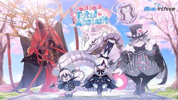 Rule 34 | 1boy, 2girls, 3others, animal ears, april fools, beak, binah (blue archive), bird girl, blue archive, cat boy, cat ears, cat tail, cherry blossoms, chesed (blue archive), english text, extra arms, feathered wings, goz (blue archive), halo, hat, hieronymus (blue archive), kuro (blue archive), mouse ears, mouse girl, mouse tail, multiple girls, multiple others, no humans, non-humanoid robot, official art, robot, robot animal, shiro (blue archive), tail, top hat, wings