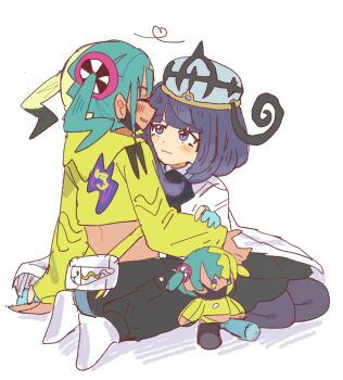 2girls black_dress black_hair blonde_hair blue_gloves blue_hair blush canari_(pokemon) character_doll closed_eyes closed_mouth coat cropped_jacket dark-skinned_female dark_skin doll dress gloves gwynn_(pokemon) han0579 heart highres long_hair looking_at_another multicolored_hair multiple_girls nintendo open_clothes open_coat open_mouth partially_fingerless_gloves pokemon pokemon_legends:_z-a purple_eyes seiza short_hair sitting split-color_hair twintails two-tone_hair very_long_hair white_background white_coat yuri