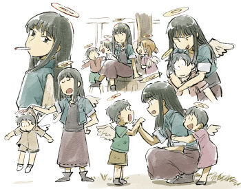 2boys 3girls :d angel angel_wings black_hair black_shoes blonde_hair brown_skirt character_request child cigarette closed_mouth dress full_body green_shirt haibane_renmei halo long_hair long_skirt multiple_boys multiple_girls no_shoes open_mouth pink_dress reki_(haibane_renmei) shirt shoes short_hair short_sleeves simple_background sitting skirt smile socks standing traditional_halo tsubobot white_background white_socks wings |_|