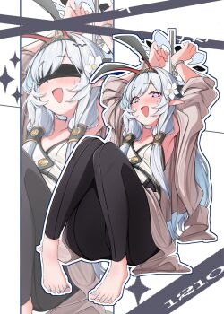 1girl animal_ears aqua_nails arms_up barefoot black_hairband black_pants blindfold blue_archive blush cuffed cuffs flower hair_flower hair_ornament hair_tubes hairband halo handcuffs highres himari_(blue_archive) knees_up long_hair looking_at_viewer mole mole_under_eye multicolored_halo nojikorirakkusu open_mouth pants pointy_ears pole purple_eyes rabbit_ears sitting solo striped_clothes striped_hairband two-tone_halo white_hair white_halo zoom_layer