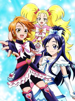 3girls absurdres anime_coloring bag_bow belt belt_bag belt_buckle black_arm_warmers black_dress black_gloves black_leg_warmers black_shorts blonde_hair blue_bag blue_belt blue_sky bow bowtie brooch buckle closed_mouth cloud collarbone commentary_request cowboy_shot cure_black cure_white day dress earrings eyelashes feather-trimmed_dress feather-trimmed_sleeves fingerless_gloves forehead frilled_dress frilled_sleeves frills futari_wa_precure futari_wa_precure_max_heart gloves gold_buckle gold_earrings hair_bow hair_ornament hand_on_own_hip heart heart-shaped_buckle heart_brooch heart_earrings heart_hair_ornament high_ponytail highres jewelry kujou_hikari leg_warmers light_particles long_hair long_sidelocks looking_at_viewer magical_girl medium_dress messy_hair misumi_nagisa multiple_girls offering_hand one_eye_closed open_mouth orange_hair outdoors outstretched_arm outstretched_arms pink_belt pink_bow pink_bowtie pink_dress pointing pointing_up ponytail precure purple_eyes purple_hair raina_(14758801) red_vest ribbon shiny_luminous short_dress short_hair short_ponytail short_sleeves shorts shorts_under_dress sidelocks sky smile swept_bangs turtleneck turtleneck_dress twintails two-tone_bag very_long_hair vest waist_ribbon white_arm_warmers white_bag white_bow white_bowtie white_dress yellow_eyes yellow_ribbon yukishiro_honoka