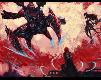 1boy 1girl adam_taurus autumn_leaves bad_id bad_pixiv_id battle black_hair blake_belladonna bow forest gloves hair_bow highres jacket kisshots leaf letterboxed long_hair mask mecha nature red_hair robot rwby scarf sheath spider_mech_(rwby) tree weapon