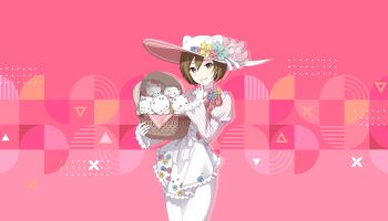 Rule 34 | 1girl, apron, bow, brown eyes, brown hair, collared shirt, colored skin, colorful palette, cradle, diagonal stripes, dot nose, embroidery, finger to mouth, flower, frilled sleeves, frills, gloves, hair between eyes, hair bow, hair flower, hair ornament, hat, hat flower, hat ribbon, highres, index finger raised, juliet sleeves, long sleeves, looking afar, looking at viewer, meiko (vocaloid), neck ribbon, nya (sanrio), nye (sanrio), nyi (sanrio), nyon (sanrio), nyu (sanrio), official art, parted lips, pencil skirt, pink background, pink bow, pink ribbon, pink shirt, project sekai, puffy sleeves, ribbon, rubbing eyes, sanrio, shade, shirt, short hair, shushing, silver trim, simple background, skirt, sleeping, smile, solid oval eyes, solo, striped background, striped clothes, striped shirt, sun hat, teeth, third-party source, triangle, two-tone shirt, vertical-striped clothes, vertical-striped shirt, vocaloid, waist apron, whiskers, white apron, white gloves, white hat, white shirt, white skin, white skirt, yawning