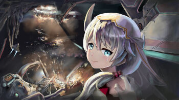 1girl blue_eyes closed_mouth cloud cloudy_sky commentary_request crying crying_with_eyes_open dress fallensun highres honkai_(series) honkai_impact_3rd long_hair looking_at_viewer night side_ponytail sky solo tears theresa_apocalypse theresa_apocalypse_(celestial_hymn) veil white_dress white_hair