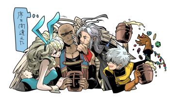 Rule 34 | 1girl, 3boys, angel wings, animal ear hairband, animal ears, aqua hairband, aqua leotard, aqua nails, bald, bare shoulders, beer mug, black bodysuit, black pantyhose, black sleeves, blonde hair, bodysuit, breasts, coin, cropped vest, crystal, cup, d d work, detached sleeves, dragon quest, dragon quest iii, dragon quest ix, earrings, fake animal ears, feathered wings, final fantasy, final fantasy vi, frown, furrowed brow, gadabout (dq3), gem, grey hair, hairband, halo, hand on another's cheek, hand on another's face, hand on another's shoulder, holding, holding cup, izayaarl, jewelry, leotard, long hair, medium breasts, mug, multiple boys, nail polish, open mouth, pantyhose, parted bangs, parted lips, playboy bunny, rabbit ears, rabbit tail, scar, scar across eye, scar on face, setzer gabbiani, short hair, sidelocks, smile, strapless, strapless leotard, sweatdrop, tail, thief (dq3), traditional halo, upper body, vest, white background, white wrist cuffs, wings, wrist cuffs, yellow vest