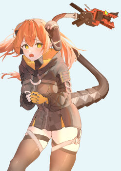 1girl @_@ absurdres ammunition asymmetrical_gloves black_horns blue_background blush brown_thighhighs commentary_request cowboy_shot curled_horns dragon_girl dragon_horns dress fingerless_gloves gloves green_eyes gun highres hood horns ikura_motimoti long_hair magus_(zenless_zone_zero) mechanical_horns mechanical_tail mismatched_gloves open_mouth orange_hair orphie_magnusson panties pointy_ears single_fingerless_glove sweatdrop tail thighhighs twintails underwear weapon yellow_gloves yellow_panties zenless_zone_zero zipper_dress