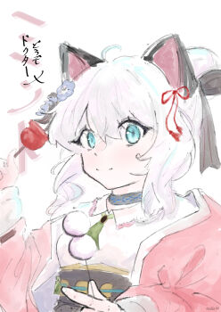 1girl absurdres ahoge animal_ears arknights black_sash blue_eyes blue_flower breasts candy_apple cat_ears cat_girl choker colorpoint_(pattern) dango flower food hair_between_eyes hair_flower hair_ornament hair_ribbon highres holding holding_food infection_monitor_(arknights) japanese_clothes kimono looking_at_viewer medium_breasts medium_hair mint_(arknights) mint_(tsukiyoi)_(arknights) official_alternate_costume open_clothes open_kimono pink_kimono red_ribbon ribbon sash sidelocks skewer smile solo swept_bangs wagashi white_background white_hair zdkr_4ii