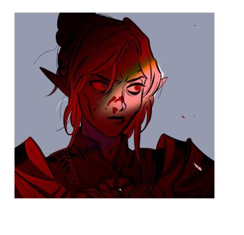 Rule 34 | 1girl, baldur's gate, baldur's gate 3, blood, blood on face, border, cheekbones, dark elf, dungeons & dragons, elf, grey background, gyeoly27, hair bun, highres, looking to the side, minthara, pointy ears, portrait, red eyes, red hair, short hair, simple background, single hair bun, single tear, solo, tearing up, white border