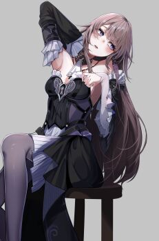 1girl absurdres arm_up armpits ascot bare_shoulders black_dress breasts brown_hair cleavage commentary_request detached_sleeves dress grey_background grey_pantyhose herta_(honkai:_star_rail) highres honkai:_star_rail honkai_(series) jewelry kamishiro_noa long_hair looking_to_the_side medium_breasts necklace no_headwear pantyhose parted_lips partial_commentary purple_eyes simple_background sitting solo the_herta_(honkai:_star_rail) very_long_hair white_ascot