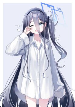 1girl alternate_costume aris_(blue_archive) bare_legs black_hair blue_archive blue_eyes blue_halo blush brown_hair chosunbe flat_chest halo highres long_hair looking_at_viewer one_eye_closed shirt solo twitter very_long_hair white_shirt