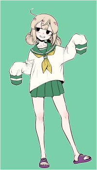 Rule 34 | 1girl, ahoge, araga kiwi, black eyes, blonde hair, collarbone, commentary request, facing viewer, full body, green background, green sailor collar, green skirt, grin, highres, mahou shoujo ni akogarete, mole, mole under eye, ononaka akihiro, pleated skirt, purple shoes, sailor collar, sandals, shirt, shoes, sideways glance, simple background, skirt, sleeves past fingers, sleeves past wrists, smile, solo, toenails, white shirt