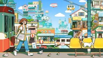 5girls absurdly_detailed_composition absurdres aircraft airship animal awning backpack bag balloon bench bird black_eyes blue_pants blue_sky blush_stickers bookstore brown_hair bug building butterfly cable_car cat cloud complex_exterior computer day highres hotel insect laptop multiple_girls onsen_symbol open_mouth original pagoda pants pigeon pointing railing scenery shirt shoes shop sign sky slice_of_life stairs storefront tao_(tao15102) train utility_pole vaio walking white_footwear white_shirt wide_shot