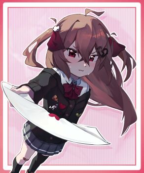 Rule 34 | 1girl, 233eris, absurdres, ahoge, asymmetrical legwear, badge, bandaid, bandaid on knee, bandaid on leg, black cardigan, black skirt, black socks, black thighhighs, blush, border, bow, bowtie, broken heart, broken heart hair ornament, brown hair, button badge, cardigan, closed mouth, commentary, dress shirt, english commentary, evil neuro-sama, feet out of frame, from above, from side, hair between eyes, hair ornament, hair ribbon, heart, highres, holding, holding letter, letter, long hair, long sleeves, looking at viewer, love letter, miniskirt, neuro-sama, off-shoulder cardigan, pleated skirt, red bow, red bowtie, red eyes, red ribbon, ribbon, shirt, single sock, single thighhigh, skirt, skull hair ornament, socks, solo, thighhighs, two side up, uneven legwear, vedal ai, virtual youtuber, white shirt