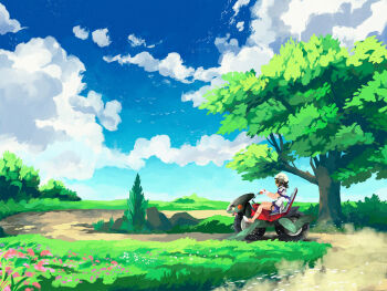 1girl blue_sky brown_hair bush cloud commentary cyclizar day dust english_commentary grass helmet holding_handlebar metanagon necktie nintendo open_mouth outdoors path pokemon pokemon_(creature) pokemon_sv purple_necktie purple_shorts riding riding_pokemon road rock running scenery school_uniform shirt shoes short_hair short_sleeves shorts sky star-shaped_eyewear star_(symbol) sunglasses team_star team_star_grunt tongue tongue_out tree uva_academy_school_uniform white_helmet white_shirt white_shoes yellow-framed_eyewear