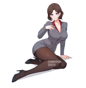 1girl blue_eyes breasts brown_hair centauri-d cleavage commission hand_on_own_chest high_heels highres large_breasts legs medium_hair office_lady on_floor original parted_lips pencil_skirt sitting skirt smile strappy_heels yokozuwari