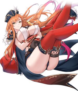 1girl absurdres armor ass black_hat black_panties blue_shorts breasts cape cherry_tale covered_erect_nipples covered_navel gauntlets hair_between_eyes hat highres hook_hand large_breasts legs_up long_hair no_bra official_art orange_hair panties pirate_costume red_cape red_thighhighs short_shorts shorts solo thighhighs thighs transparent_background underwear very_long_hair yellow_eyes