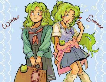 1girl alternate_costume alternate_hairstyle bag black_eyes blue_background blue_bow blue_bowtie blue_sailor_collar blue_shirt blue_skirt blue_vest blush border bow bowtie brown_bag closed_mouth clothes_around_waist collarbone commentary cowboy_shot curtained_hair english_commentary english_text feet_out_of_frame frog_hair_ornament green_hair green_jacket green_trim hair_ornament hairpin heart high_ponytail highres holding holding_bag jacket jacket_around_waist knees_together_feet_apart kochiya_sanae lace lace_border long_hair long_sleeves looking_at_viewer loose_socks molly_yancey multiple_seasonal_school_uniforms multiple_views neckerchief notice_lines one_eye_closed open_mouth ornate_border pink_jacket plaid_bow plaid_bowtie plaid_clothes plaid_skirt pleated_skirt ponytail red_neckerchief sailor_collar school_uniform serafuku shirt short_sleeves simple_background skirt smile socks sparkle split_mouth summer_uniform touhou vest white_border white_shirt white_socks winter_uniform