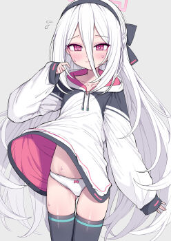 Rule 34 | 1girl, black thighhighs, blue archive, blush, bow, bow panties, commentary, hair between eyes, hairband, halo, highres, hood, kei (blue archive), kei (new body) (blue archive), korean commentary, long hair, long sleeves, metaljelly, panties, pink halo, rectangular halo, solo, thighhighs, underwear, white hair, white panties