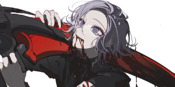 1boy absurdres accookie aotsuki_eito bleeding blood blood_from_mouth commentary empty_eyes english_commentary eyeliner gakuran glasses gloves grey_hair grin highres holding holding_scythe holding_weapon jacket last_defense_academy_school_uniform looking_up makeup male_focus no_pupils open_mouth red_eyeliner scene_reference school_uniform scythe short_hair simple_background smile solo suicide the_hundred_line_-last_defense_academy- upper_body weapon white_background white_gloves
