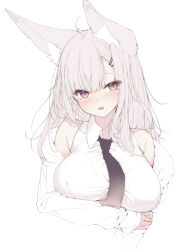 Rule 34 | 1girl, ahoge, animal ear fluff, animal ears, arm under breasts, black bow, black bowtie, blush, bow, bowtie, breasts, commentary, cropped arm, cropped torso, gradient eyes, hair ornament, hairclip, highres, holding own arm, large breasts, long hair, looking at viewer, lower teeth only, multicolored eyes, off shoulder, original, parted lips, purple eyes, simple background, solo, symbol-only commentary, teeth, white background, white hair, yuui hutabakirage