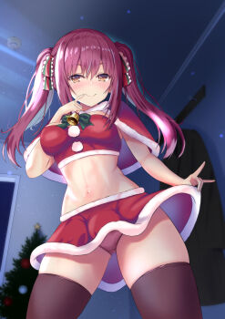 1girl alternate_costume amasawa_ichika bell black_thighhighs blush breasts brown_eyes capelet ceiling christmas christmas_ornaments christmas_tree clothes_lift commentary_request cowboy_shot crotch_seam finger_to_mouth from_below fur-trimmed_capelet fur-trimmed_shirt fur-trimmed_skirt fur_trim hair_between_eyes hair_ribbon highres holding_own_skirt indoors kaneki_yushi long_hair looking_at_viewer medium_breasts midriff miniskirt navel neck_bell panties pantyshot pink_hair pink_panties pom_pom_(clothes) red_capelet red_ribbon red_shirt red_skirt ribbon santa_costume shirt skirt skirt_lift smile smoke_detector solo standing star_(symbol) strapless thighhighs tree tube_top twintails underwear youkoso_jitsuryoku_shijou_shugi_no_kyoushitsu_e