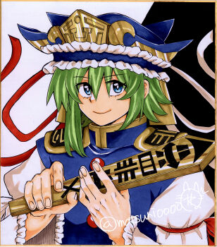 Rule 34 | 1girl, absurdres, black background, blue eyes, blue hat, blue vest, bright pupils, buttons, closed mouth, commentary request, epaulettes, fingernails, frilled hat, frills, green hair, hair between eyes, hat, highres, holding, long sleeves, looking at viewer, matsuri kyuuta, rod of remorse, shiki eiki, shikishi, shirt, short hair, smile, solo, touhou, traditional media, two-tone background, upper body, vest, white background, white pupils, white shirt