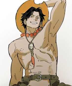 1boy arm_up bare_pectorals bead_necklace beads belt black_hair black_pants blush clothing_cutout cowboy_hat crotch_cutout freckles furrowed_brow hand_on_own_hat hat highres jewelry looking_at_viewer male_focus necklace nipples nyan_2020 one_piece orange_hat pants pectorals portgas_d._ace short_hair sketch skull smile spiked_hair topless_male white_background