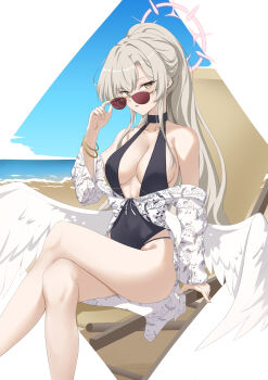 absurdres angel_wings aviator_sunglasses beach black_one-piece_swimsuit blue_archive breasts brown-tinted_eyewear cleavage crossed_legs feathered_wings halo highres long_hair looking_at_viewer low_wings meonic nagisa_(blue_archive) nagisa_(swimsuit)_(blue_archive) official_alternate_costume official_alternate_hairstyle one-piece_swimsuit pink_halo ponytail shirt sitting sunglasses swimsuit tinted_eyewear white_shirt white_wings wings