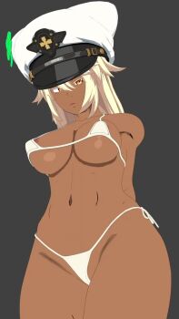1girl 3d animated areola_slip arms_behind_back bikini blonde_hair breasts covered_erect_nipples dark-skinned_female dark_skin gluteal_fold grey_background guilty_gear guilty_gear_strive hat highres large_breasts looking_at_viewer micro_bikini ramlethal_valentine rbf7 shaking simple_background solo swimsuit tagme video white_hat yellow_eyes