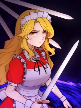 Rule 34 | 1girl, apron, black ribbon, blonde hair, breasts, collared dress, dress, highres, holding, holding sword, holding weapon, long hair, maid, maid headdress, neck ribbon, orange eyes, puffy sleeves, red dress, ribbon, solo, speckticuls, sword, touhou, touhou (pc-98), upper body, wavy hair, weapon, white apron, yumeko (touhou)