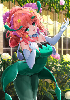 1girl :o absurdres antennae aqua_eyes bare_shoulders breasts day dress elbow_gloves florges flower gen_6_pokemon gloves green_dress green_pantyhose hair_flower hair_ornament hand_up head_tilt highres leaning_forward long_hair medium_breasts nintendo outdoors pantyhose personification pokedex_number pokemon red_hair solo white_gloves window yellow-star-light zipper