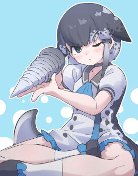 1girl absurdres black_bow black_shoes blue_bow blue_eyes blue_neckerchief blush bow cetacean_tail choker crossed_legs dress fins fish_tail footwear_bow frilled_dress frills grey_choker grey_dress grey_hair hair_bow head_fins highres kemono_friends lowlandgorilla multicolored_hair narwhal_(kemono_friends) narwhal_girl neckerchief one_eye_closed polearm puffy_short_sleeves puffy_sleeves sailor_collar sailor_dress shoes short_hair short_hair_with_long_locks short_sleeves sitting socks solo spear tail two-tone_dress two-tone_hair weapon white_socks