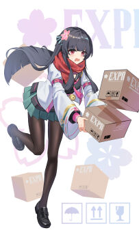 1girl :o absurdres black_hair black_shirt blush dropped_object flower full_body girls&#039;_frontline girls&#039;_frontline_2:_exilium green_skirt hair_flower hair_ornament highres iras17514 jacket leaning_forward long_hair open_clothes open_jacket pantyhose pink_eyes pink_flower pleated_skirt red_eyes red_scarf sakura_(girls&#039;_frontline_2) scarf shirt skirt solo standing standing_on_one_leg surprised tripping type_100_(girls&#039;_frontline) very_long_hair