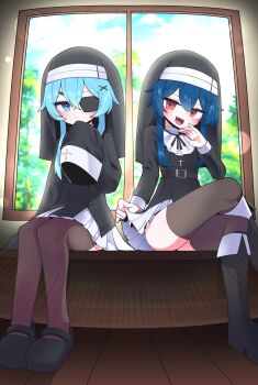 2girls absurdres black_shirt black_shoes black_thighhighs black_veil blue_eyes blue_hair boots closed_mouth clothes_lift commentary_request commission cross crossed_legs double-parted_bangs eyepatch hair_between_eyes hair_ornament hh highres holding_own_skirt korean_commentary long_sleeves multiple_girls nun nun_headdress one_eye_covered open_mouth original red_eyes sharp_teeth shirt shoes sitting skirt sleeves_past_fingers sleeves_past_wrists smile teeth thighhighs veil white_skirt window x_hair_ornament