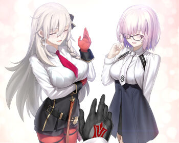 1boy 2girls absurdres asymmetrical_bangs besmiled black_skirt blush breasts closed_eyes collared_shirt colored_inner_hair command_spell commentary cropped_jacket english_commentary fate/grand_order fate_(series) glasses gloves grey_hair hair_over_one_eye hair_ribbon high-waist_skirt highres horns jacket large_breasts long_hair long_sleeves mash_kyrielight mash_kyrielight_(chaldea_uniform) multicolored_hair multiple_girls necktie olga_marie_animusphere olga_marie_animusphere_(unbeast) open_mouth outstretched_arm pantyhose pencil_skirt pink_hair pov purple_hair red_gloves red_pantyhose ribbon shirt short_hair single_horn skirt smile white_jacket white_shirt