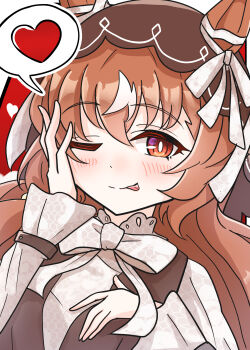 1girl absurdres animal_ears arnolddayo blush breasts brown_hair casual commentary_request hair_ornament heart highres horse_girl looking_at_viewer one_eye_closed red_eyes simple_background small_breasts solo spoken_heart still_in_love_(umamusume) tongue tongue_out umamusume veil white_background