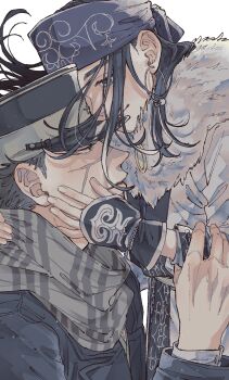 Rule 34 | 1boy, 1girl, absurdres, ainu, ainu clothes, asirpa, black hair, black hat, black jacket, blue eyes, blue headband, cape, closed mouth, commentary request, earrings, floating hair, fur cape, golden kamuy, grey scarf, hand on another's cheek, hand on another's face, hat, headband, highres, holding another's wrist, hoop earrings, jacket, jewelry, kome uo, light smile, long hair, military hat, military uniform, print scarf, scar, scar on face, scar on nose, scarf, short hair, sugimoto saichi, tears, white background, white cape