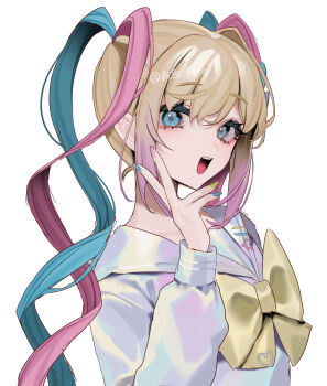 1girl :d aegyo_sal bebe_(bebe_pp) blonde_hair blue_eyes blue_hair blue_nails blue_shirt bow chouzetsusaikawa_tenshi-chan gradient_hair hand_up highres iridescent_clothes long_hair long_sleeves looking_at_viewer multicolored_hair multicolored_nails nail_polish needy_girl_overdose open_mouth pink_hair pink_nails quad_tails sailor_collar shirt simple_background smile solo teeth twitter_username upper_body upper_teeth_only white_background yellow_bow yellow_nails