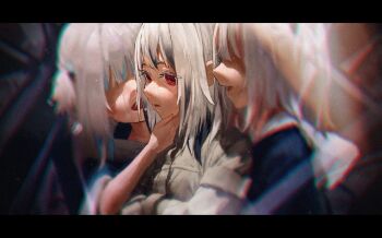 3girls abstract_background dim_lighting gawr_gura glitch hand_on_another&#039;s_chin hololive hololive_english kokono_ka lens_flare lightning_glare multicolored_hair multiple_girls non-web_source short_hair two-tone_hair underlighting virtual_youtuber white_hair