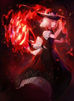 1girl ayumi_(ayumi99999999) black_hat black_skirt black_vest blonde_hair bow fire hat hat_ribbon highres layered_skirt medibang_paint_(medium) medium_hair mystic_square neck_ribbon open_mouth puffy_short_sleeves puffy_sleeves pyrokinesis ribbon shirt short_sleeves skirt solo touhou touhou_(pc-98) v-shaped_eyebrows vest waist_bow white_bow white_ribbon white_shirt yellow_eyes yuki_(touhou)